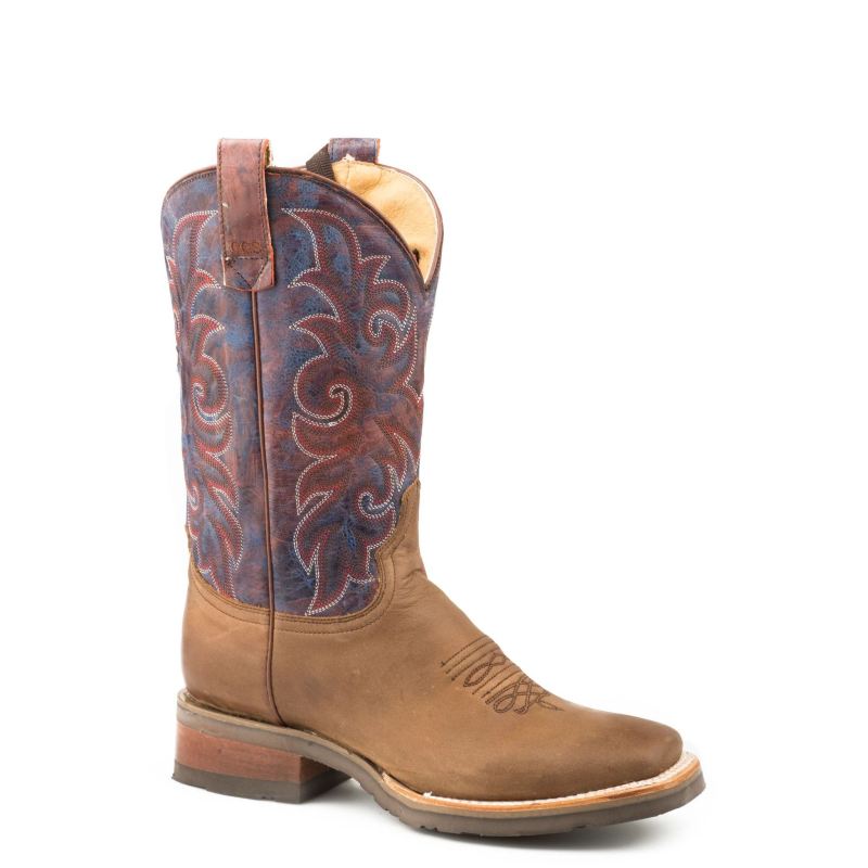 ROPER BOOTS WOMENS CONCEALED CARRY LEATHER COWBOY BOOT OILED BROWN VAMP WITH BITONE ORANGE AND BLUE