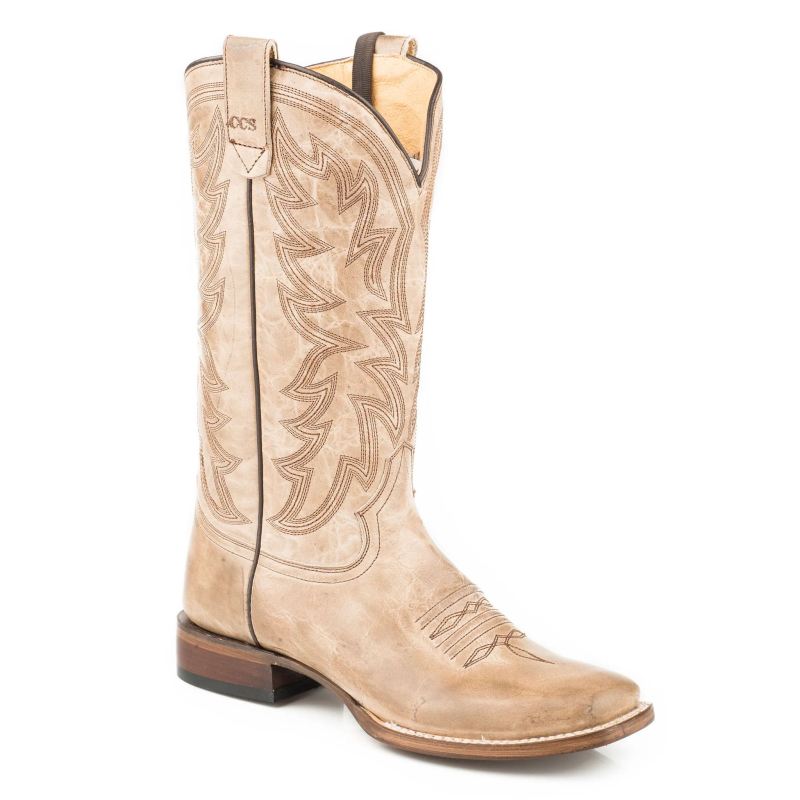 ROPER BOOTS WOMENS CONCEALED CARRY LEATHER COWBOY BOOT WAXY TAN WITH TRADITIONAL EMBROIDERY ON UPPER
