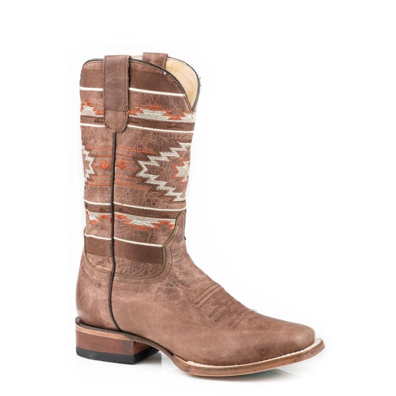ROPER BOOTS WOMENS TAN LEATHER VAMP SHAFT BOOT WITH AZTEC EMBROIDERY ON SHAFT-BROWN