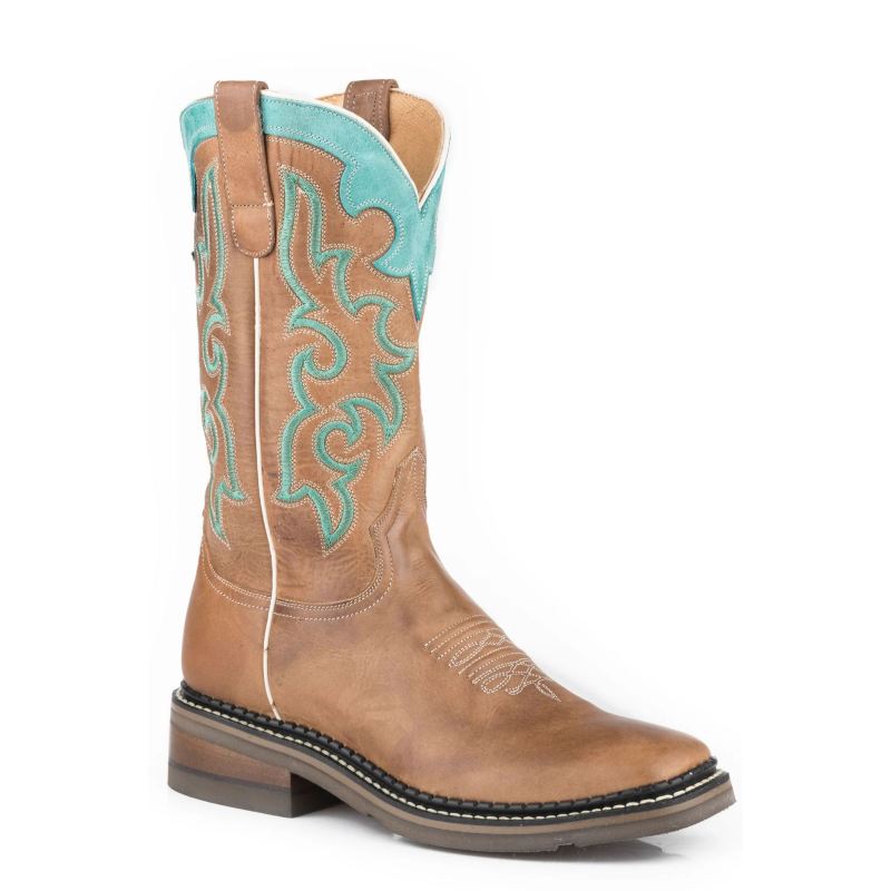 ROPER BOOTS WOMENS BURNISHED TAN LEATHER VAMP SHAFT BOOT WITH TURQUOISE CROWN-BROWN