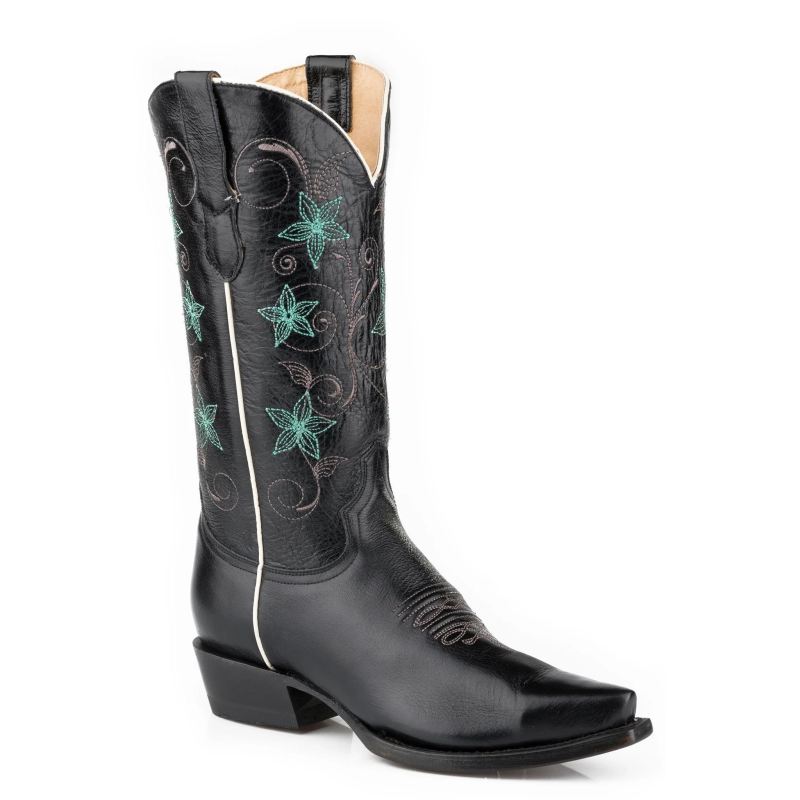 ROPER BOOTS WOMENS MARBLED BLACK LEATHER VAMP SHAFT BOOT WITH EMBROIDERED FLORAL SHAFT-BLACK