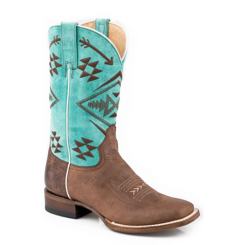 ROPER BOOTS WOMENS BURNISHED BROWN LEATHER VAMP BOOT WITH NATIVE EMBROIDERED TURQUOISE SHAFT-BROWN