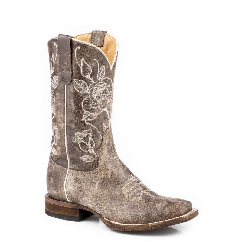ROPER BOOTS WOMENS VINTAGE BROWN LEATHER VAMP SHAFT BOOT WITH FLOWER EMBROIDERY DESIGN-BROWN ROPER BOOTS WOMENS VINTAGE BROWN LEATHER VAMP SHAFT BOOT WITH FLOWER EMBROIDERY DESIGN-BROWN