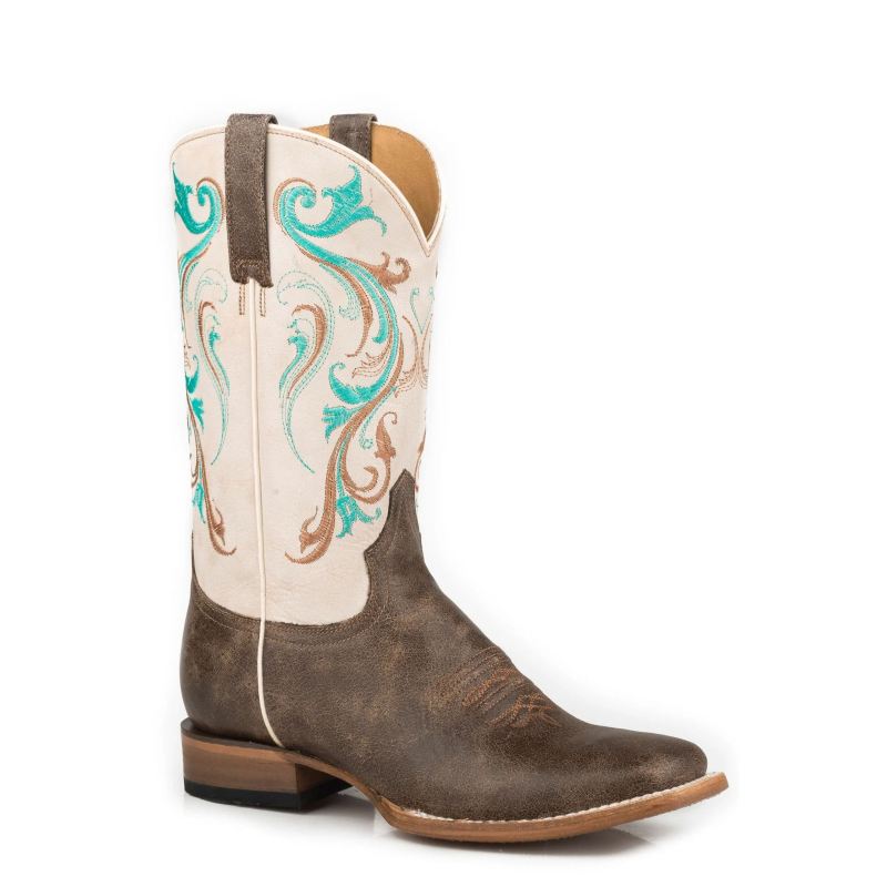 ROPER BOOTS WOMENS VINTAGE BROWN LEATHER VAMP BOOT WITH WHITE LEATHER SHAFT-BROWN ROPER BOOTS WOMENS VINTAGE BROWN LEATHER VAMP BOOT WITH WHITE LEATHER SHAFT-BROWN