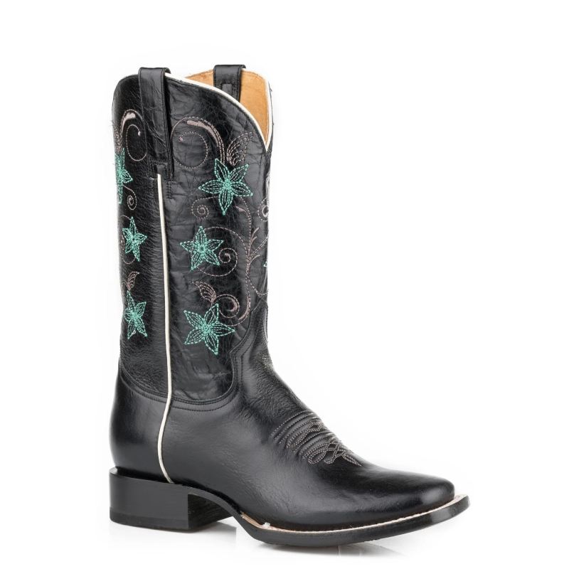 ROPER BOOTS WOMENS MARBLED BLACK LEATHER VAMP SHAFT BOOT WITH EMBROIDERED FLORAL SHAFT-BLACK