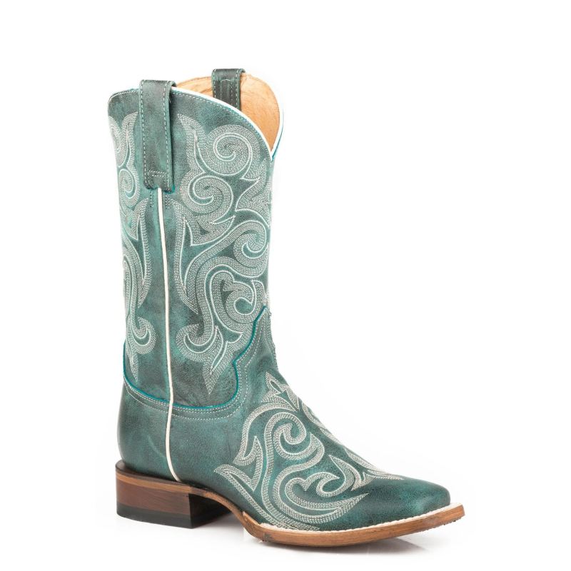ROPER BOOTS WOMENS VINTAGE TURQUOISE LEATHER VAMP SHAFT BOOT WITH ALL OVER EMBROIDERY-BLUE