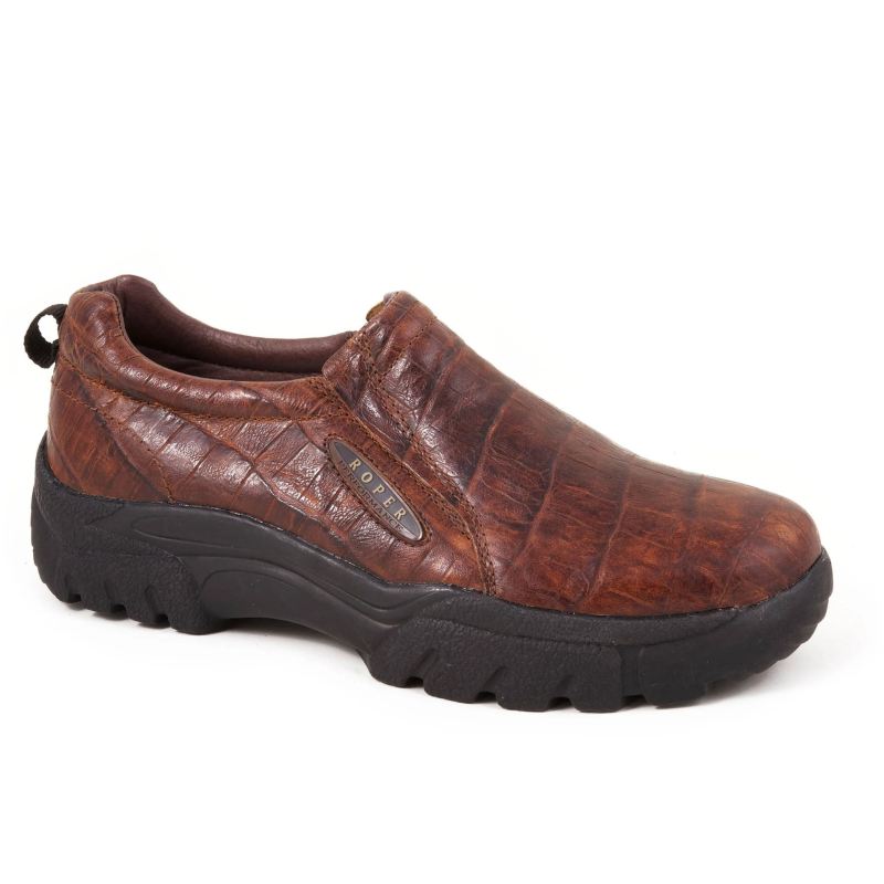 ROPER BOOTS MENS PERFORMANCE SLIP ON REDDISH BROWN EMBOSSED CROC LEATHER-BROWN - Click Image to Close