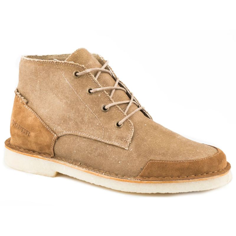 ROPER BOOTS MENS GUM SOLE CHUKKA 4 EYELET LACE UP WAXY TAN CANVAS WITH TAN SUEDE BUMPER-TAN ROPER BOOTS MENS GUM SOLE CHUKKA 4 EYELET LACE UP WAXY TAN CANVAS WITH TAN SUEDE BUMPER-TAN