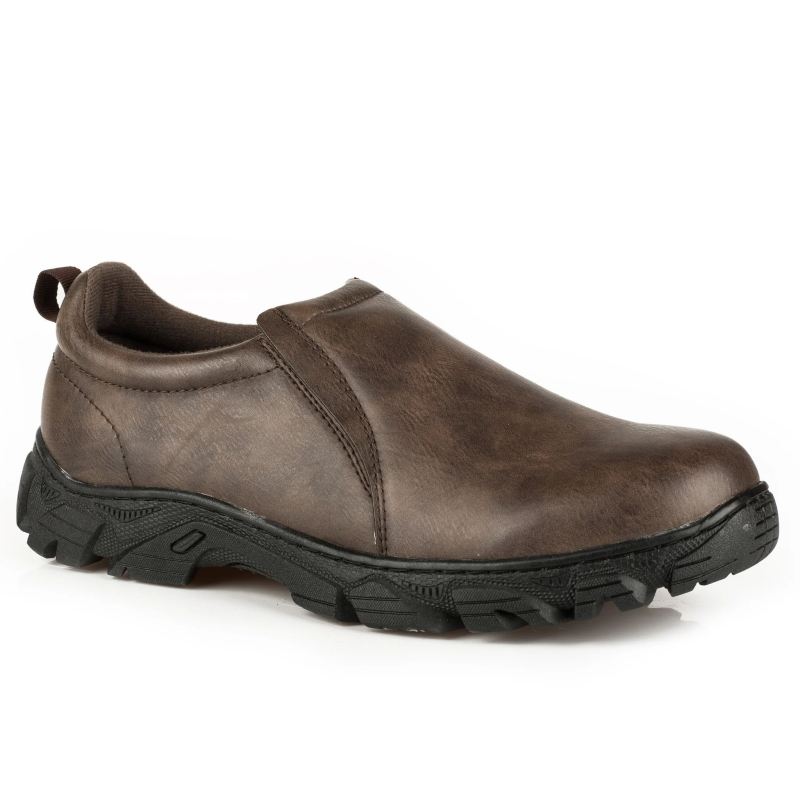 ROPER BOOTS MENS PERFORMANCE SLIP ON BROWN TUMBLED FAUX LEATHER-BROWN