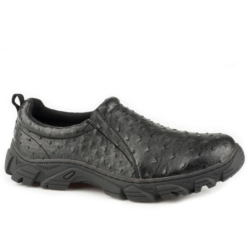 ROPER BOOTS MENS PERFORMANCE SLIP ON BLACK FAUX LEATHER EMBOSSED OSTRICH-BLACK
