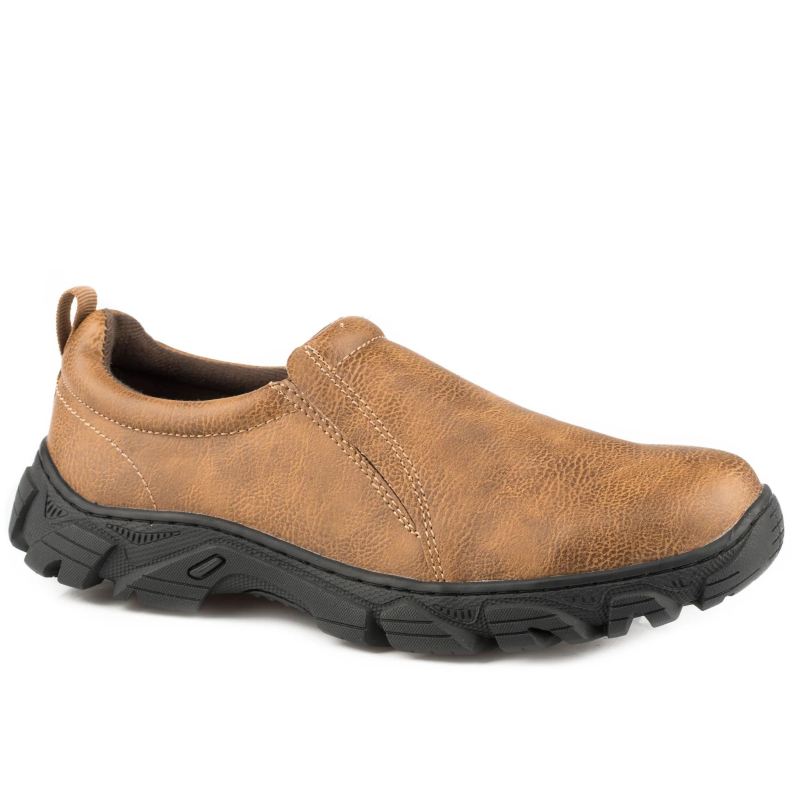 ROPER BOOTS MENS PERFORMANCE SLIP ON TAN TUMBLED FAUX LEATHER-TAN