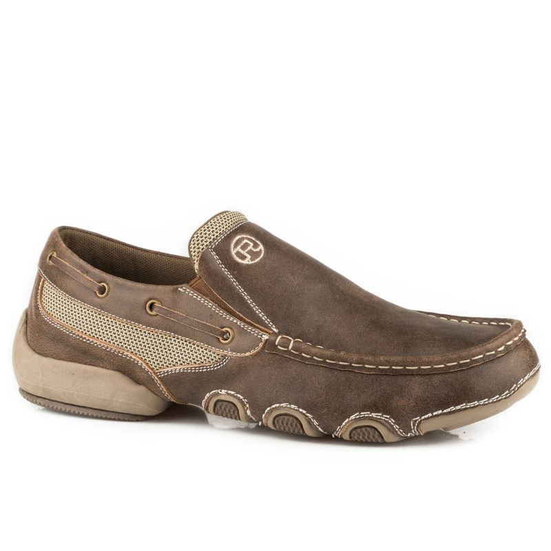 ROPER BOOTS MENS DRIVING MOC SLIP ON BOAT SHOE TWIN GORE BROWN VINTAGE LEATHER-TAN ROPER BOOTS MENS DRIVING MOC SLIP ON BOAT SHOE TWIN GORE BROWN VINTAGE LEATHER-TAN