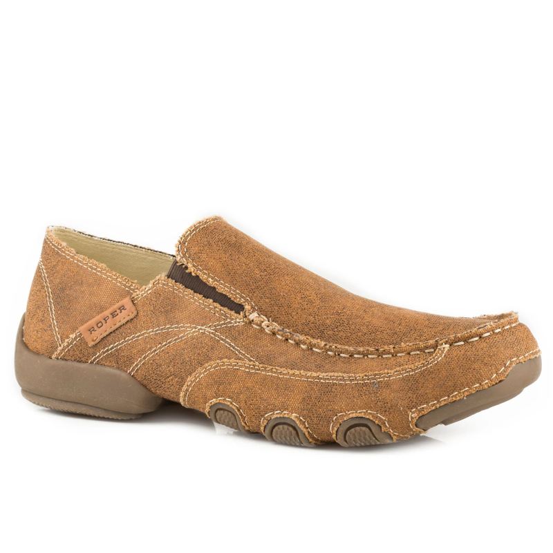 ROPER BOOTS MENS DRIVING MOC BROWN VINTAGE FABRIC WITH FABRIC WRAPPED SOLE-TAN ROPER BOOTS MENS DRIVING MOC BROWN VINTAGE FABRIC WITH FABRIC WRAPPED SOLE-TAN