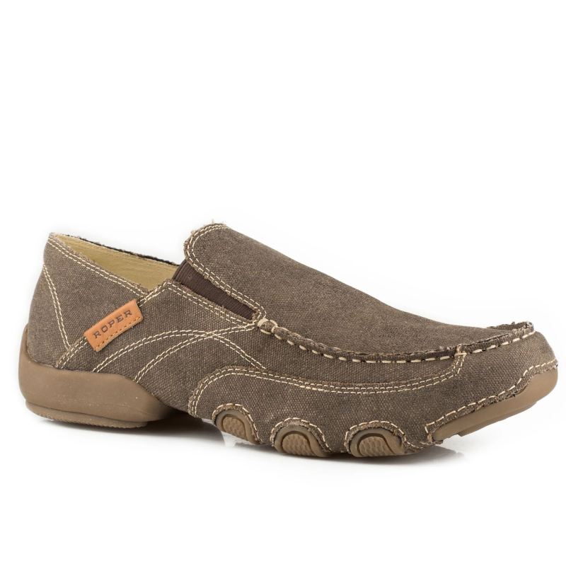 ROPER BOOTS MENS DRIVING MOC CHOCOLATE BROWN VINTAGE FABRIC WITH FABRIC WRAPPED SOLE-BROWN ROPER BOOTS MENS DRIVING MOC CHOCOLATE BROWN VINTAGE FABRIC WITH FABRIC WRAPPED SOLE-BROWN