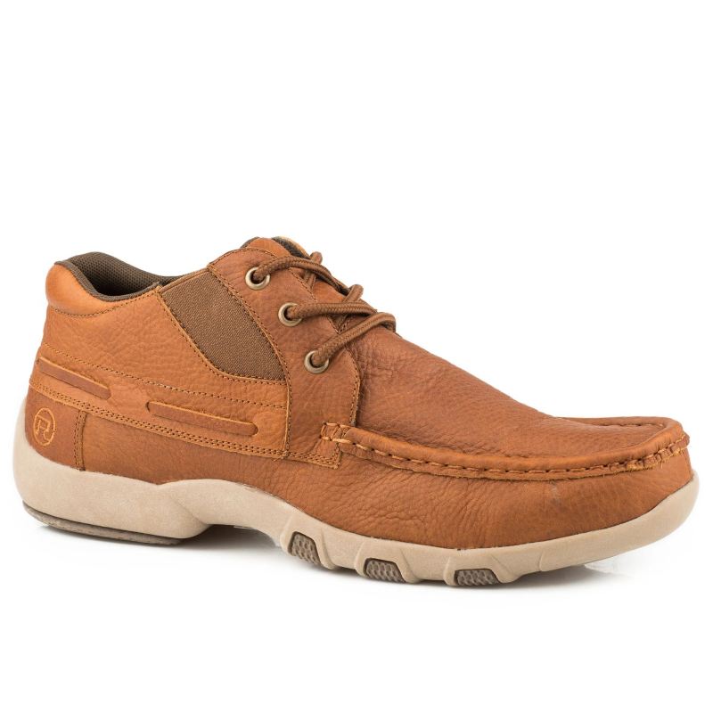 ROPER BOOTS MENS DRIVING MOC CHUKKA BROWN TUMBLED LEATHER 3 EYELET LACE UP-TAN ROPER BOOTS MENS DRIVING MOC CHUKKA BROWN TUMBLED LEATHER 3 EYELET LACE UP-TAN