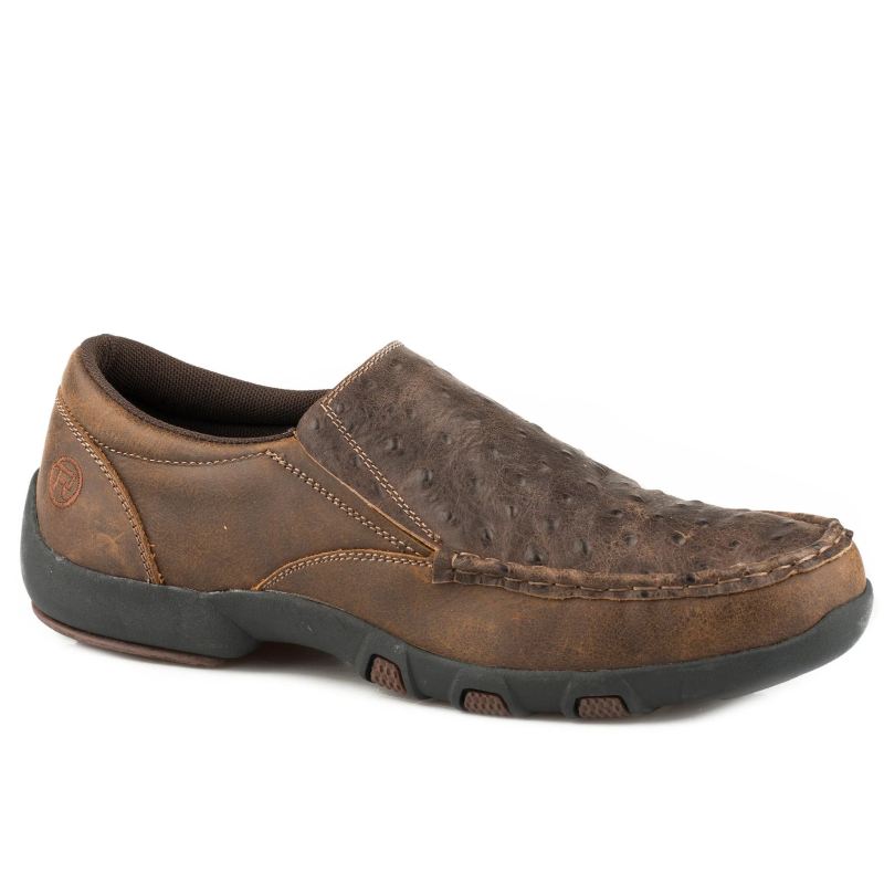 ROPER BOOTS MENS DRIVING MOC SLIP ON BOAT SHOE BROWN LEATHER EMBOSSED OSTRICH-BROWN ROPER BOOTS MENS DRIVING MOC SLIP ON BOAT SHOE BROWN LEATHER EMBOSSED OSTRICH-BROWN
