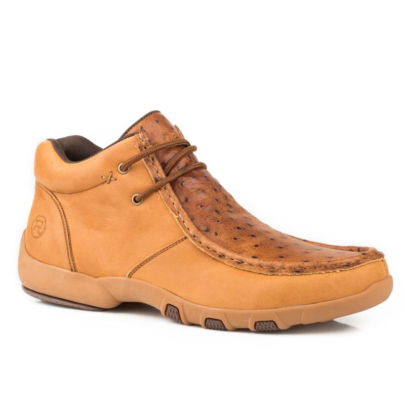 ROPER BOOTS MENS DRIVING MOC CHUKKA TAN VINTAGE LEATHER LEATHER EMBOSSED OSTRICH 2 EYELET LACE UP-TA ROPER BOOTS MENS DRIVING MOC CHUKKA TAN VINTAGE LEATHER LEATHER EMBOSSED OSTRICH 2 EYELET LACE UP-TA
