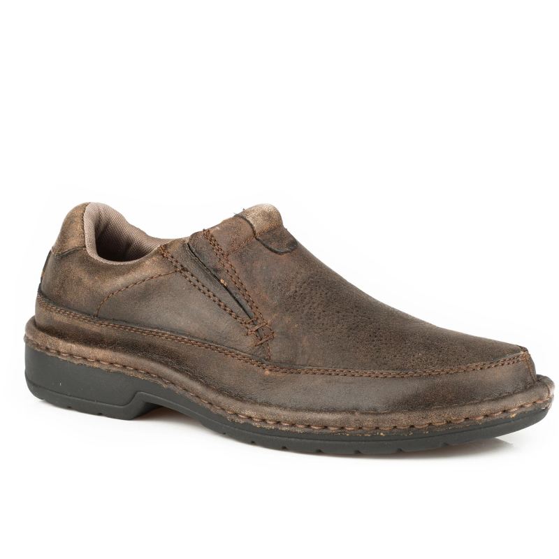 ROPER BOOTS MENS OPANKA CONSTRUCTION COMFORT SLIP ON DARK BROWN VINTAGE NUBUCK LEATHER-BROWN ROPER BOOTS MENS OPANKA CONSTRUCTION COMFORT SLIP ON DARK BROWN VINTAGE NUBUCK LEATHER-BROWN